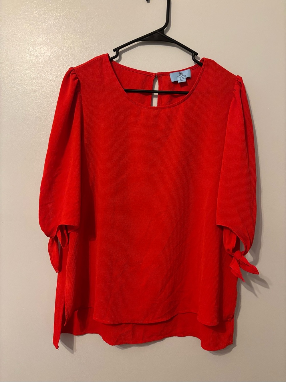 CeCe Vibrant Red Tie-Sleeve Scoop Neck Blouse